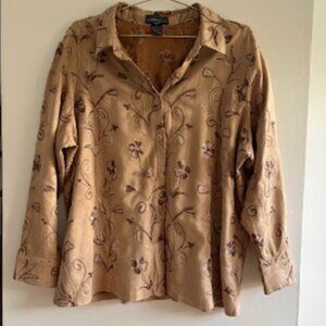 Embroidered floral faux suede tan button down